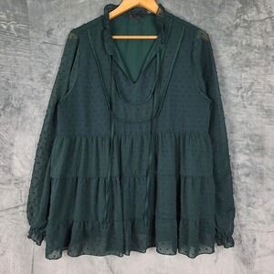 Womens Top Large Green Boho Peasant Tiered Swiss Dot Ruffle Flowy Tunic‎ Casual
